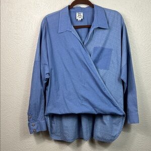 Ivy Jane Blue & White Stripe Wrap Style Long Sleeve High Low Hem Blouse Large